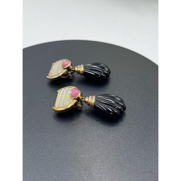 Kylo Vintage Sterling Silver Vermeil Obsidian Garnet Gem Clip On Runway Earrings - Picture 8 of 16